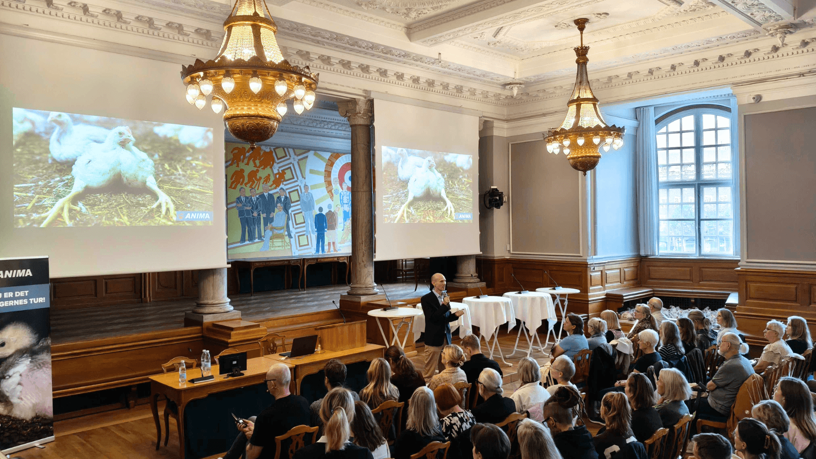 Direktør hos Anima, Joh Vinding, byder velkommen til event om slagtekyllinger på Christiansborg